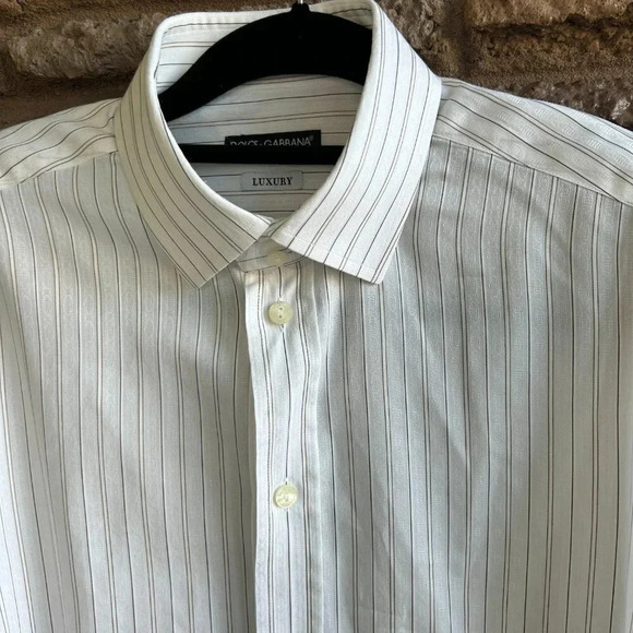 Dolce & Gabbana White with Subtle Brown Stripe Spread Collar Dress Shirt - Picture 6 of 8